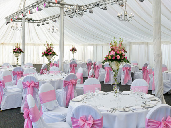 White Linen Chair Cover & Baby Pink Tafetta Sash